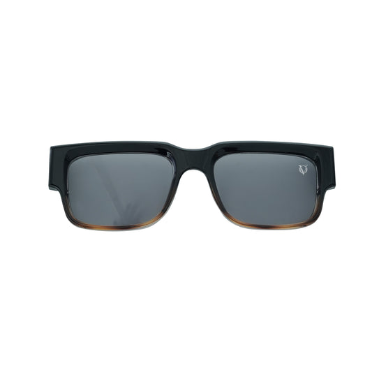 Black rectangular sunglasses with a decorative black chain strap and brown crystal charms attached at the ends-frame view