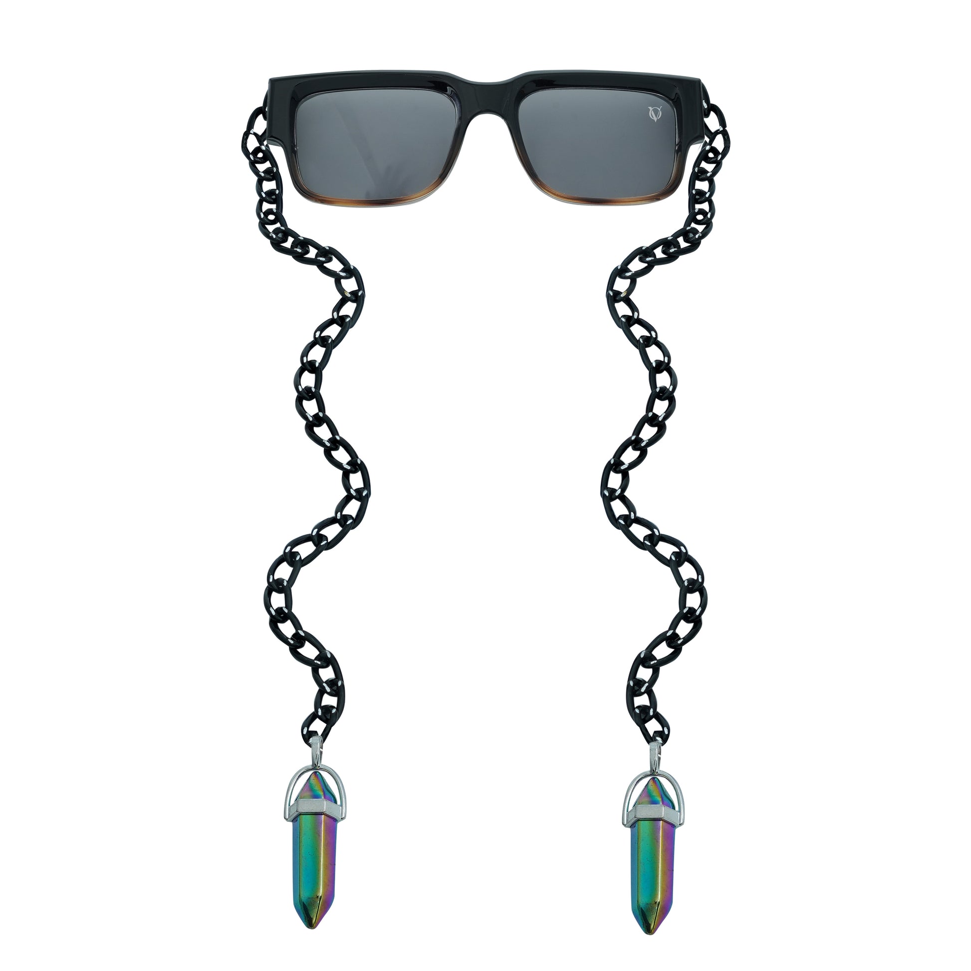 Black rectangular sunglasses with a decorative black chain strap and holographic, vibrant crystal charms attached at the ends-front view
