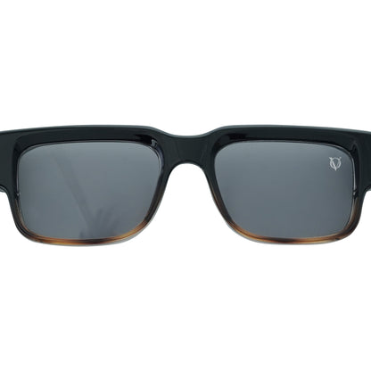 Black rectangular sunglasses with dark tinted lenses and a glossy frame-zoomed view