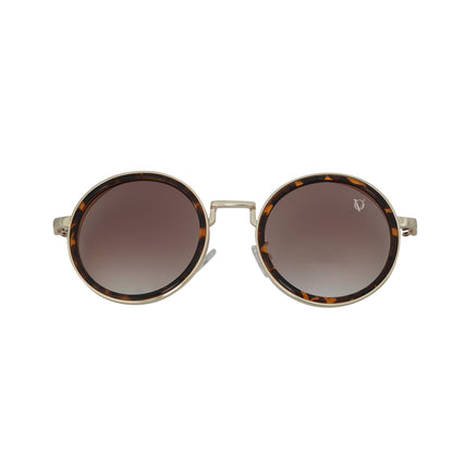 Round sunglasses with dark lenses, a tortoise-shell detailing frame, and a dual-link gold chain strap, or oval rings and leaf discs featuring tiger-eye charms-frame view
