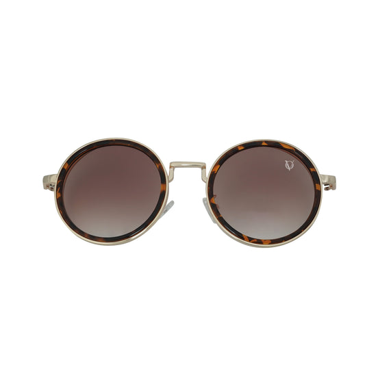 Round sunglasses with dark lenses, a tortoise-shell detailing frame, and a dual-link gold chain strap, or oval rings and leaf discs featuring tiger-eye charms-frame view