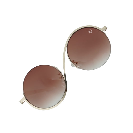 Round sunglasses with dark brown tinted shades finished with metal detailing-angle view