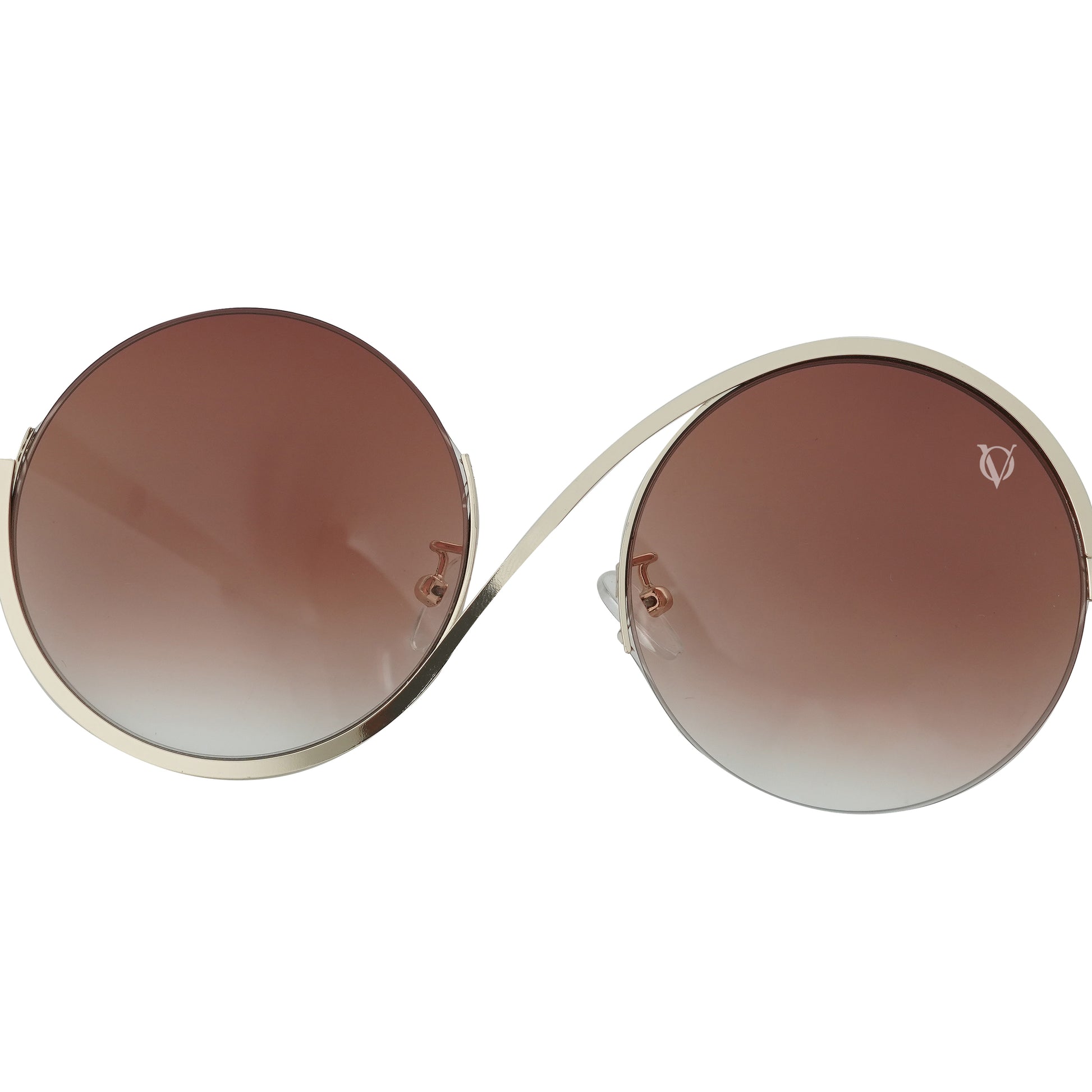 Round sunglasses with dark brown tinted shades finished with metal detailing-zoomed view