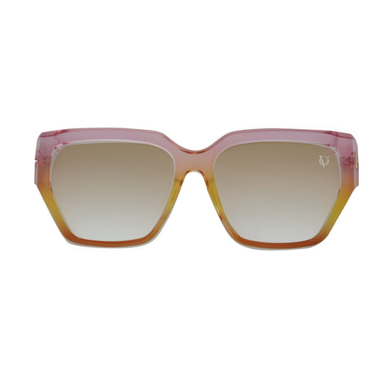 Square pink gradient sunglasses with a colorful beaded chain strap featuring blue evil eye charms and pink crystal pendants at the ends-frame view