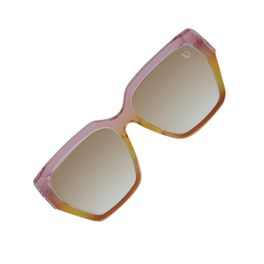 Oversized pink-brown gradient geometric sunglasses with blue gradient-angle view