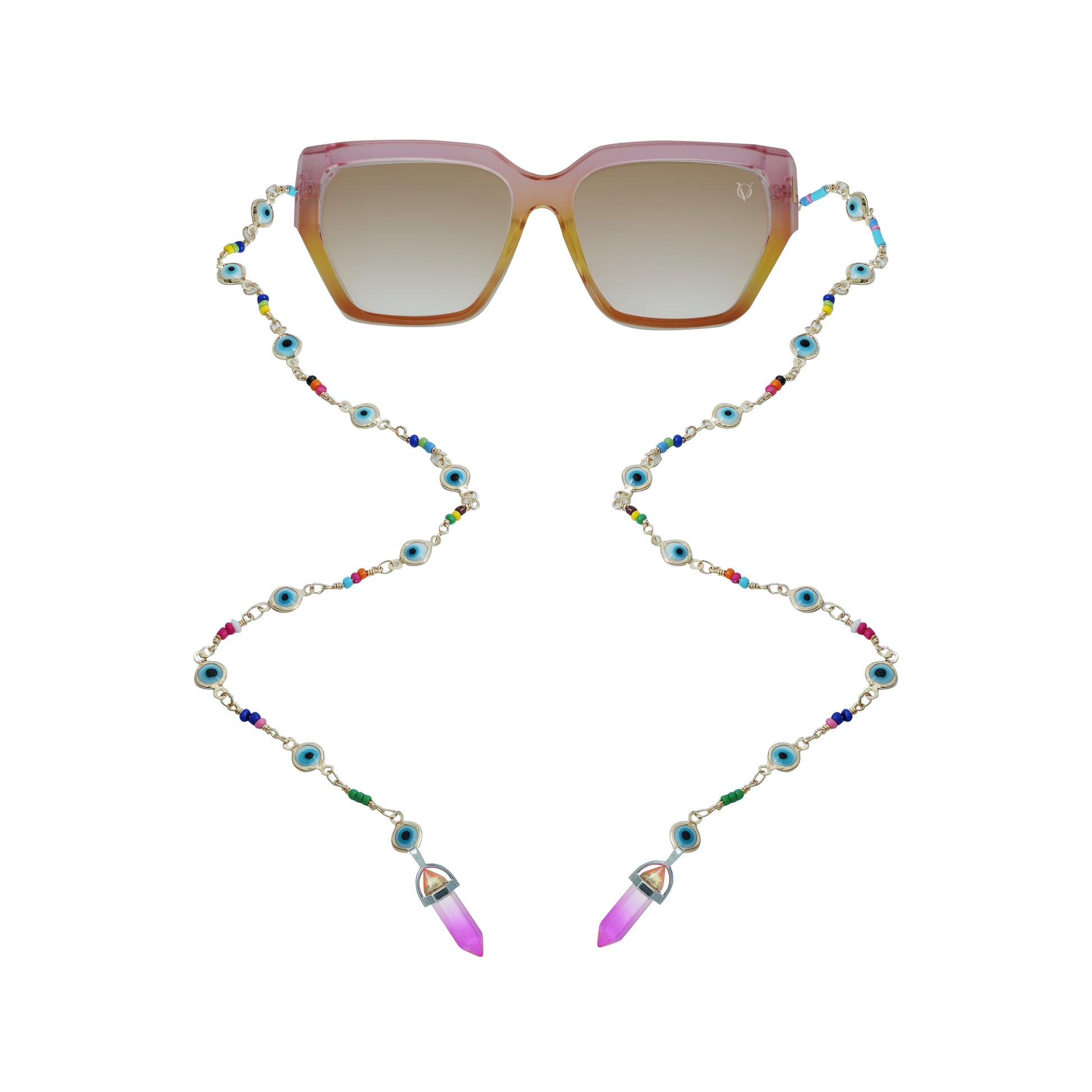 Square pink gradient sunglasses with a colorful beaded chain strap featuring blue evil eye charms and pink crystal pendants at the ends-front view