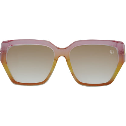 Oversized pink-brown gradient geometric sunglasses with blue gradient-zoomed view