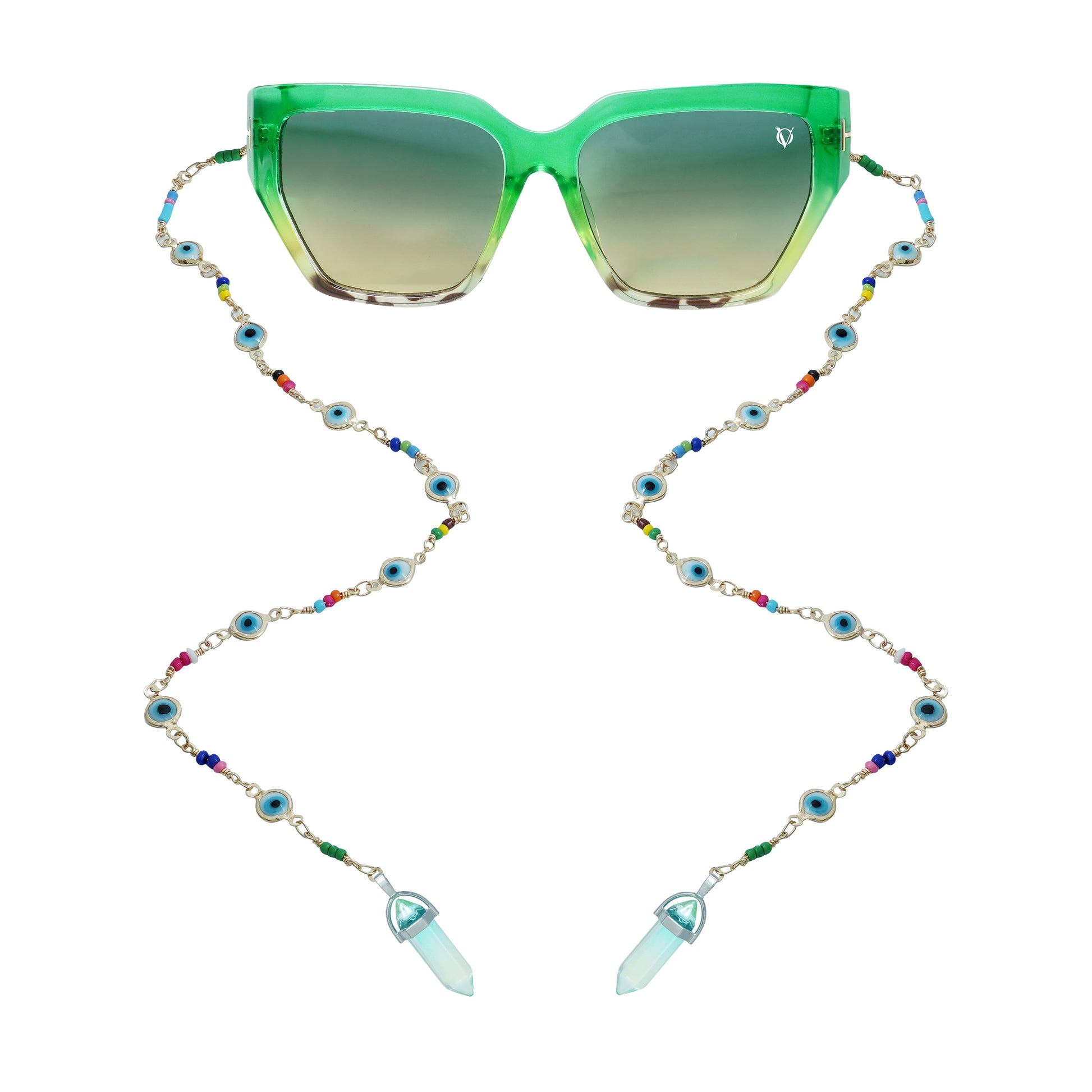 Green sunglasses with gradient lenses attached to a colorful beaded chain featuring evil eye accents and crystal pendants-front view