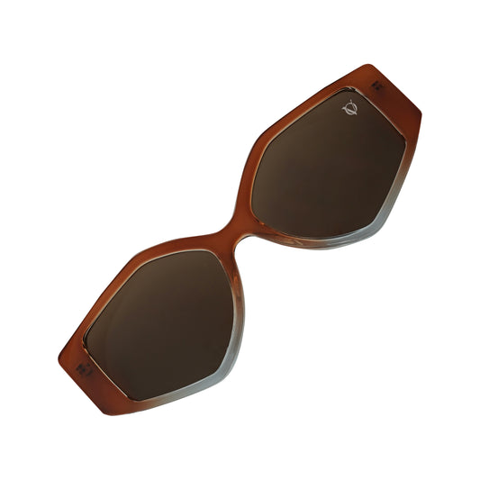 Trendy brown geometric sunglasses with dark tinted lenses-angle view