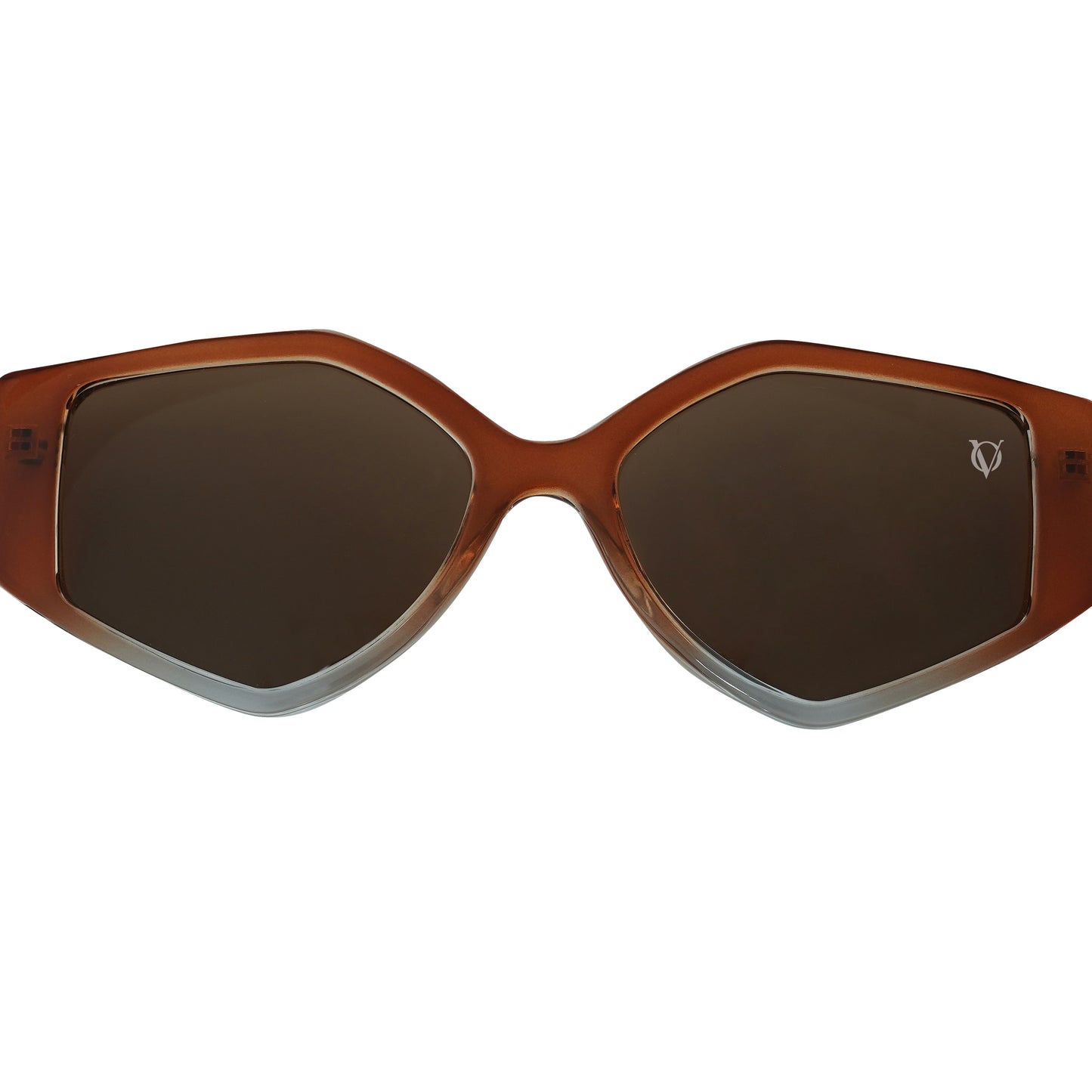 Trendy brown geometric sunglasses with dark tinted lenses-zoomed view