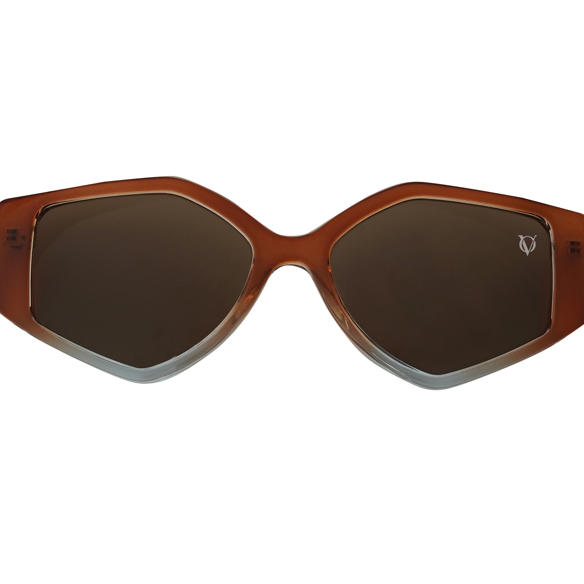 Trendy brown geometric sunglasses with dark tinted lenses-zoomed view