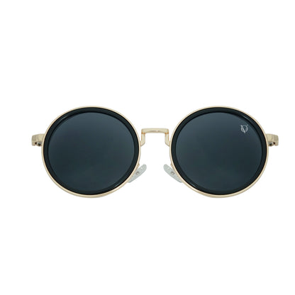 Round sunglasses with dark lenses, a gold frame, and a dual-link gold chain strap, or oval rings and leaf discs featuring black charms-frame view
