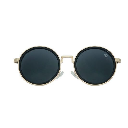 Round sunglasses with dark lenses, a gold frame, and a dual-link gold chain strap, or oval rings and leaf discs featuring black charms-frame view