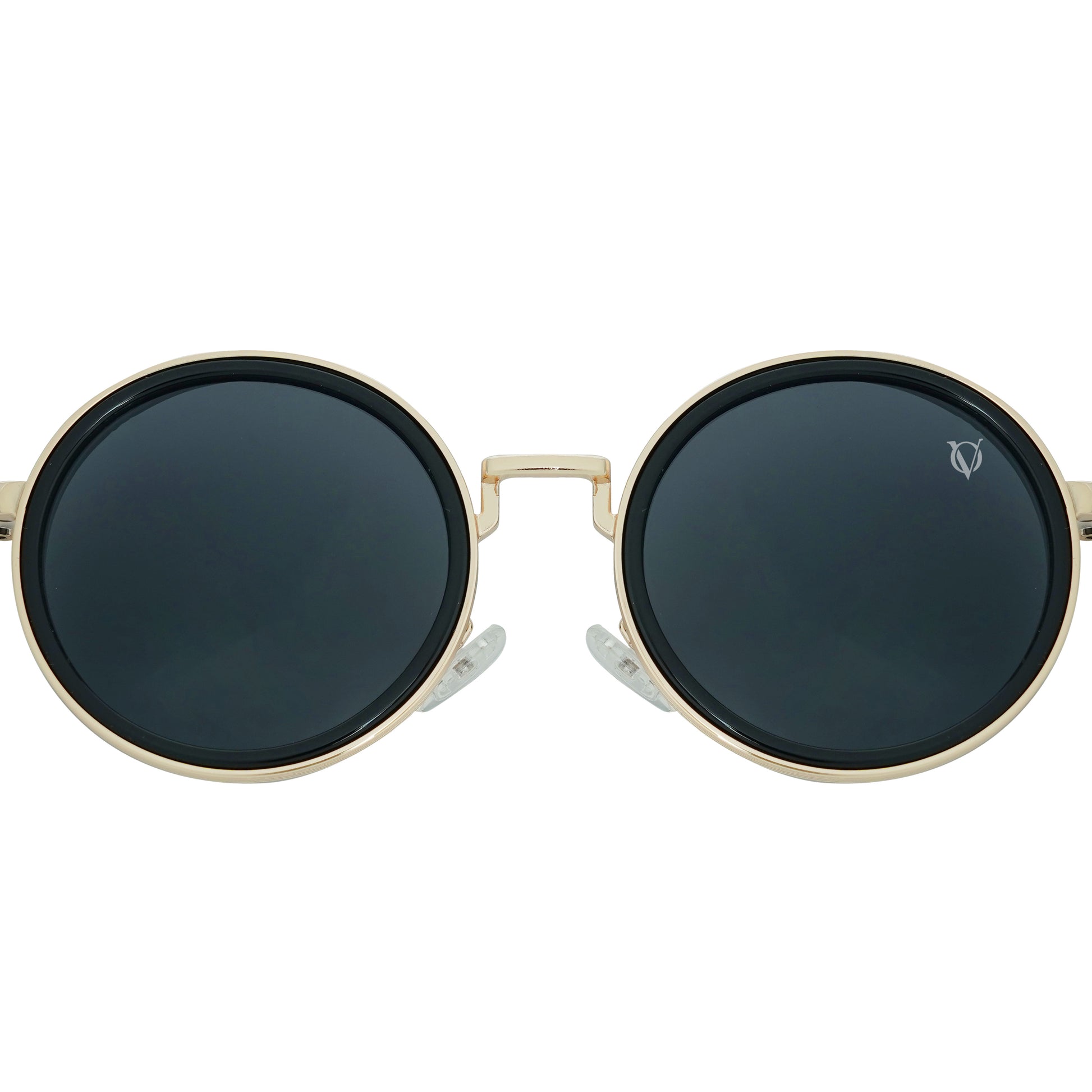 Round black sunglasses with gold metal frame and dark lenses-zoomed view