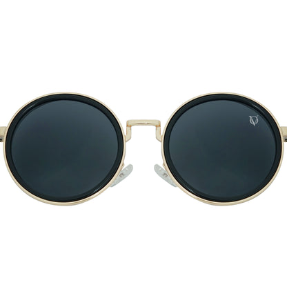 Round black sunglasses with gold metal frame and dark lenses-zoomed view