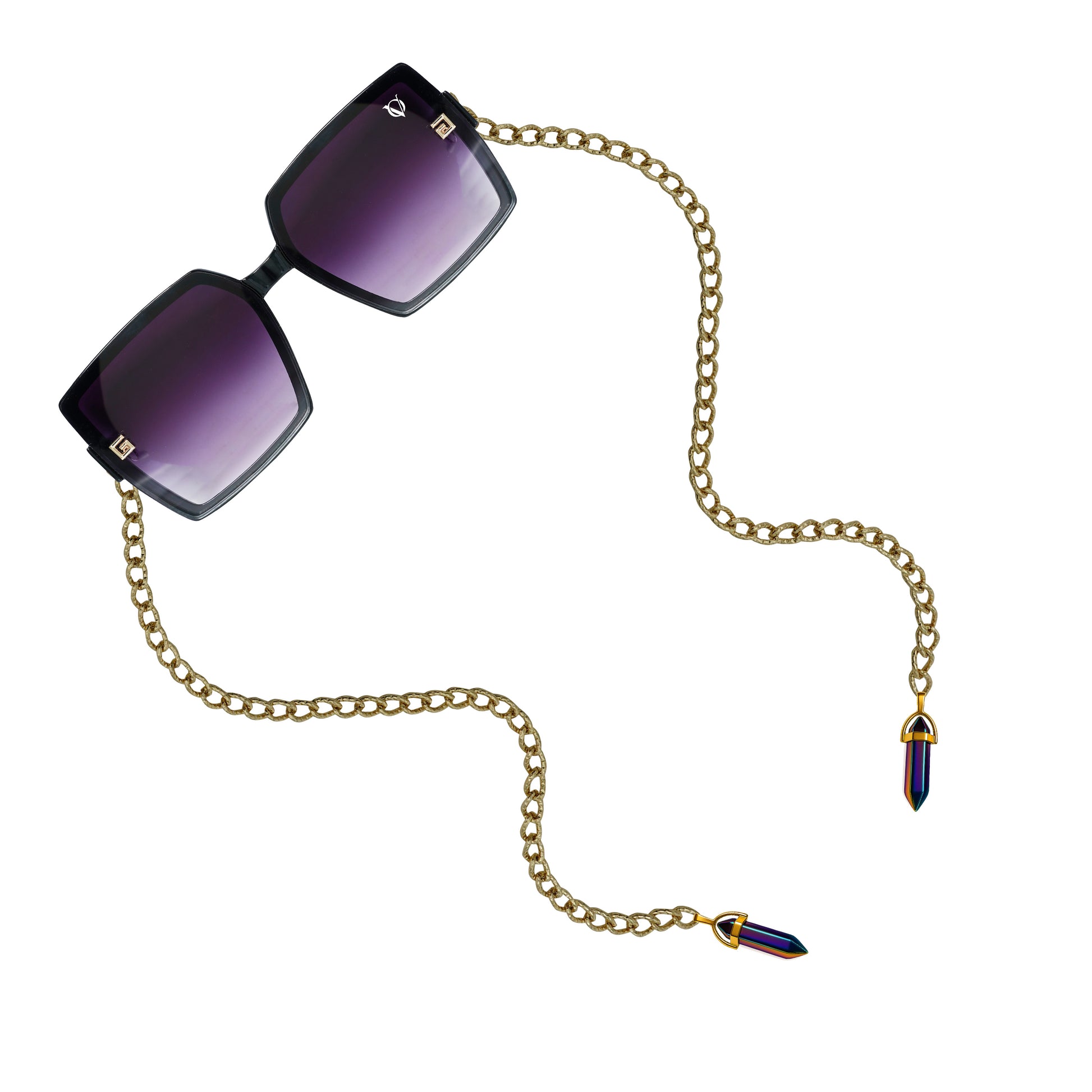 Square sunglasses with dark purple gradient lenses attached to a golden chain featuring gold detailing-angle view