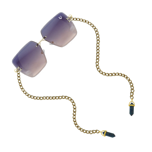 Square gradient sunglasses with gold chain and dark blue crystal charms-angle view