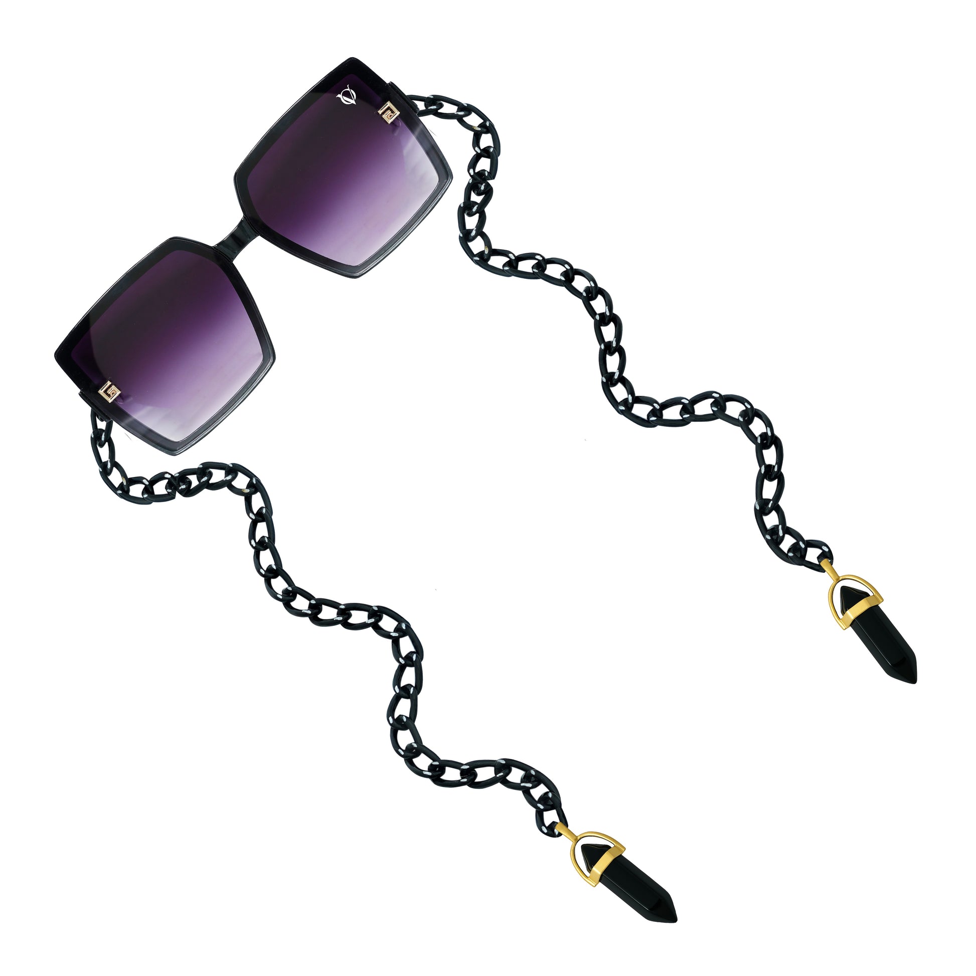 Square sunglasses with dark purple gradient lenses attached to a black chain featuring gold detailing-angle view