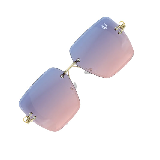 Oversized square sunglasses with gradient lilac-to-rose lenses and gold accents-angle view