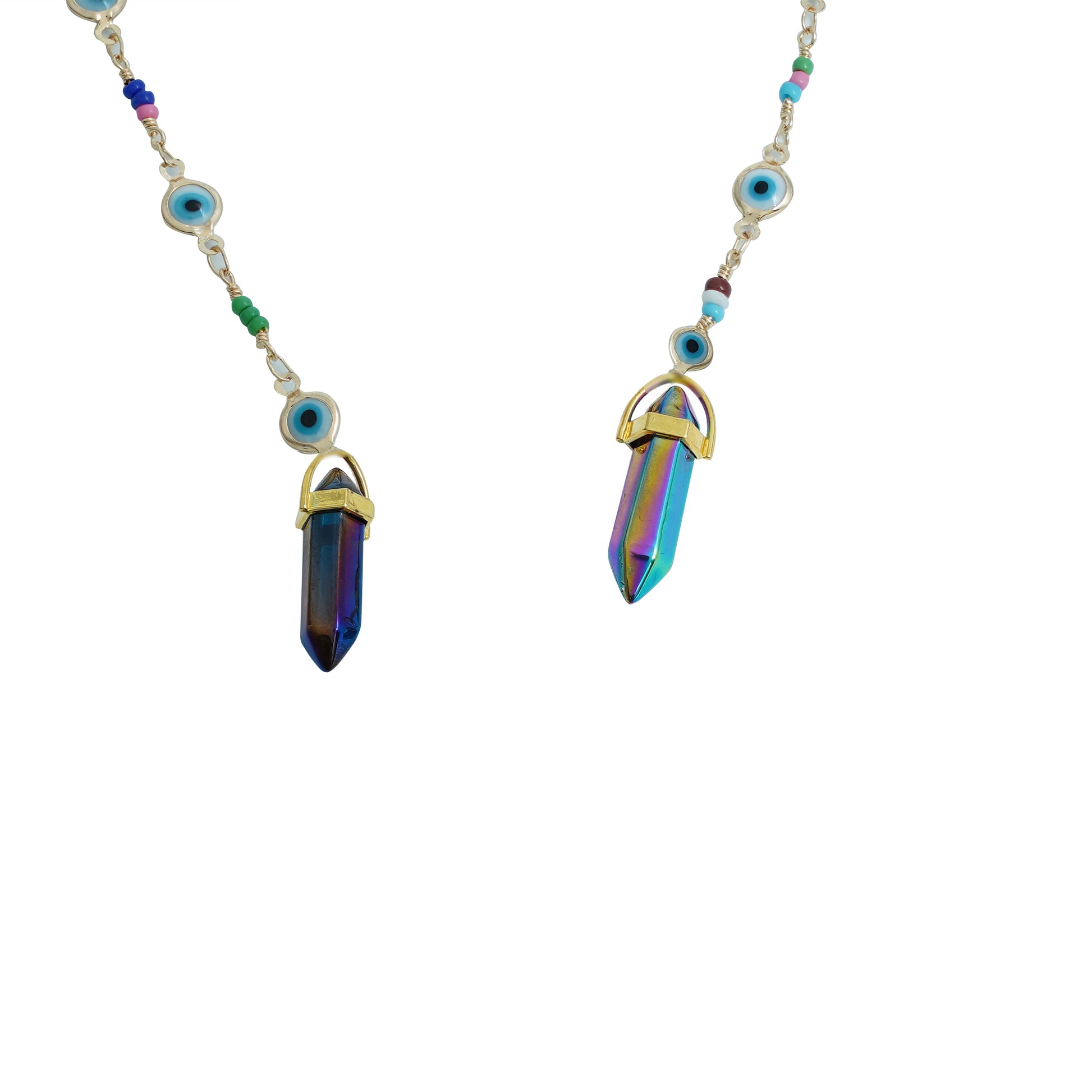 Blue-lensed sunglasses with a silver frame are attached to a beaded chain featuring blue and multicolored accents, ending in two crystal charms-charm view