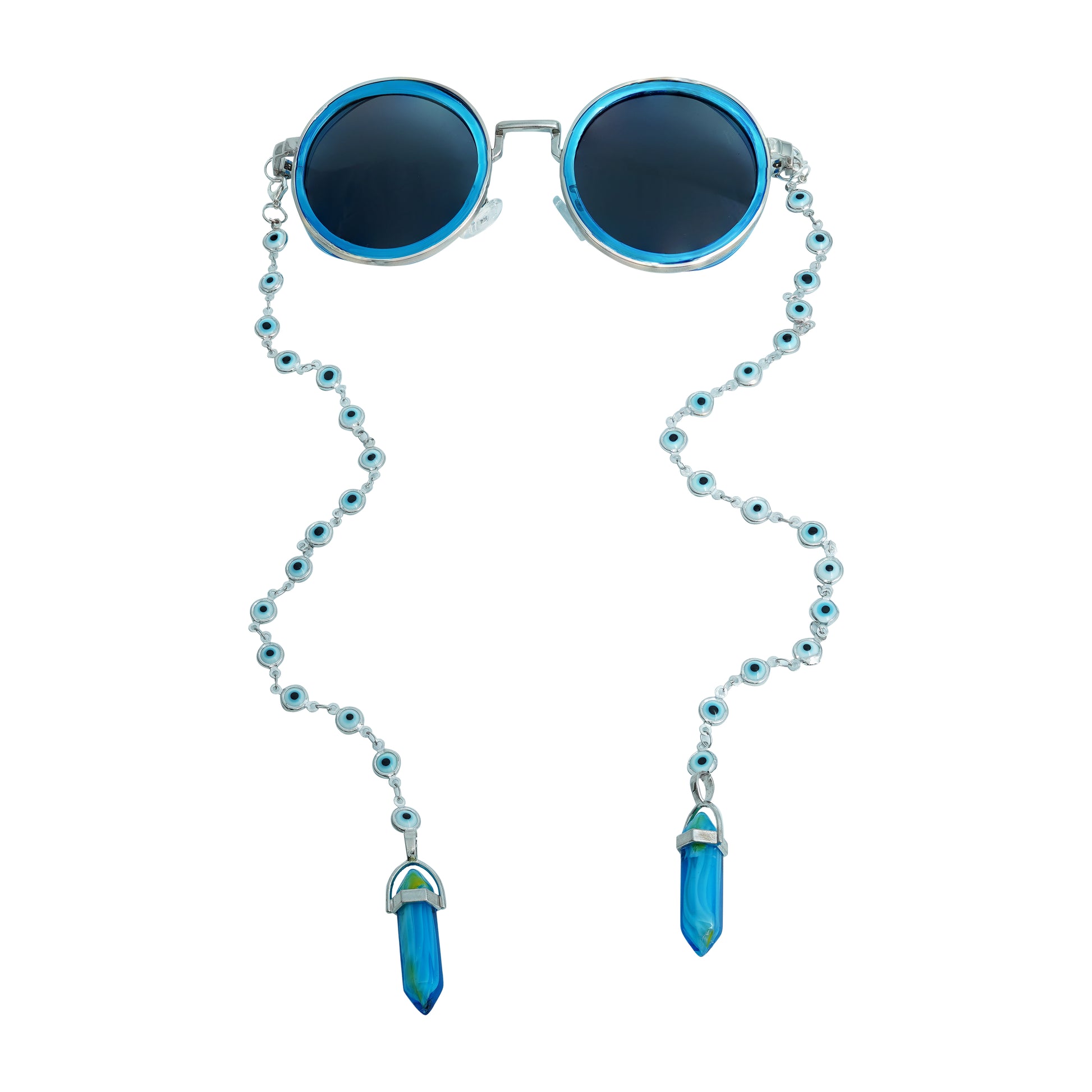 Round black lenses with gold frame attached to evil-eye beaded silver chain attached to blue stone charm with a silver cap-front view
