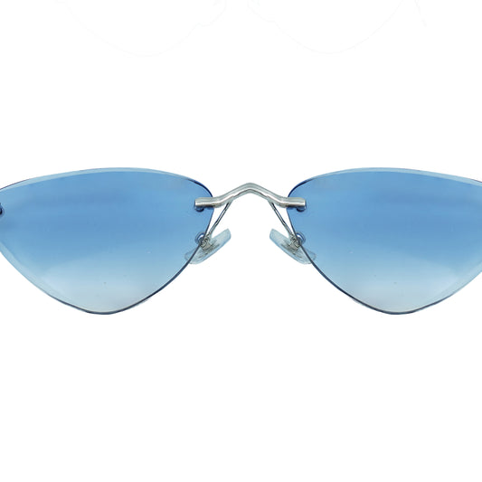 Cat-eye frame sunglasses with blue gradient lenses and a thin silver frame-zoomed view