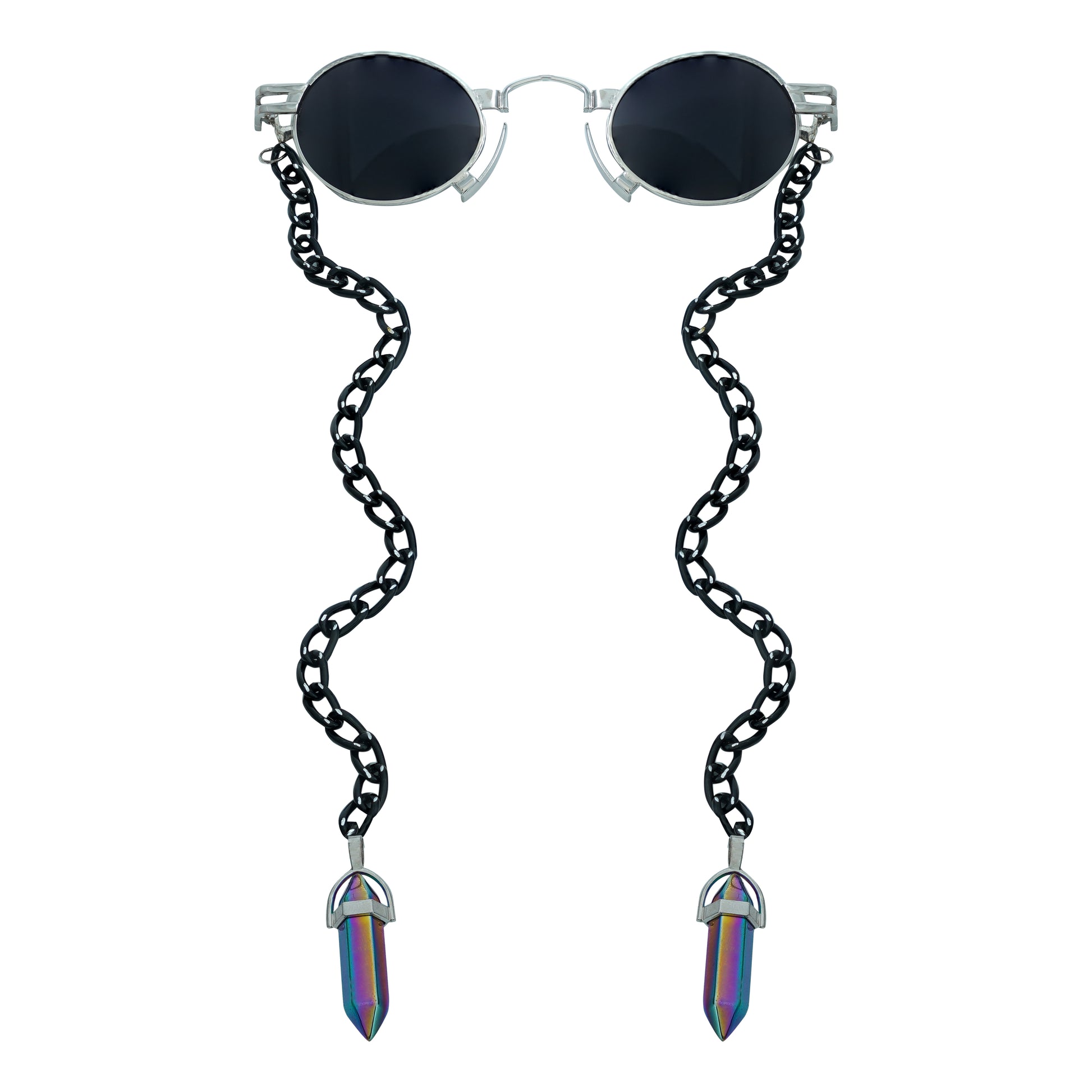 Round oval shaped sunglasses with a silver metallic frame attached to black chain, which holds a pendant shaped holographic vibrant crystal-front view