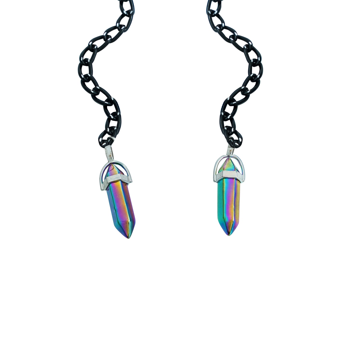 Round oval shaped sunglasses with a silver metallic frame attached to black chain, which holds a pendant shaped holographic vibrant crystal-charm view