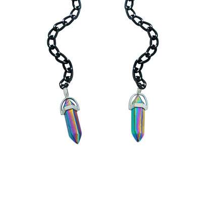 Round oval shaped sunglasses with a silver metallic frame attached to black chain, which holds a pendant shaped holographic vibrant crystal-charm view