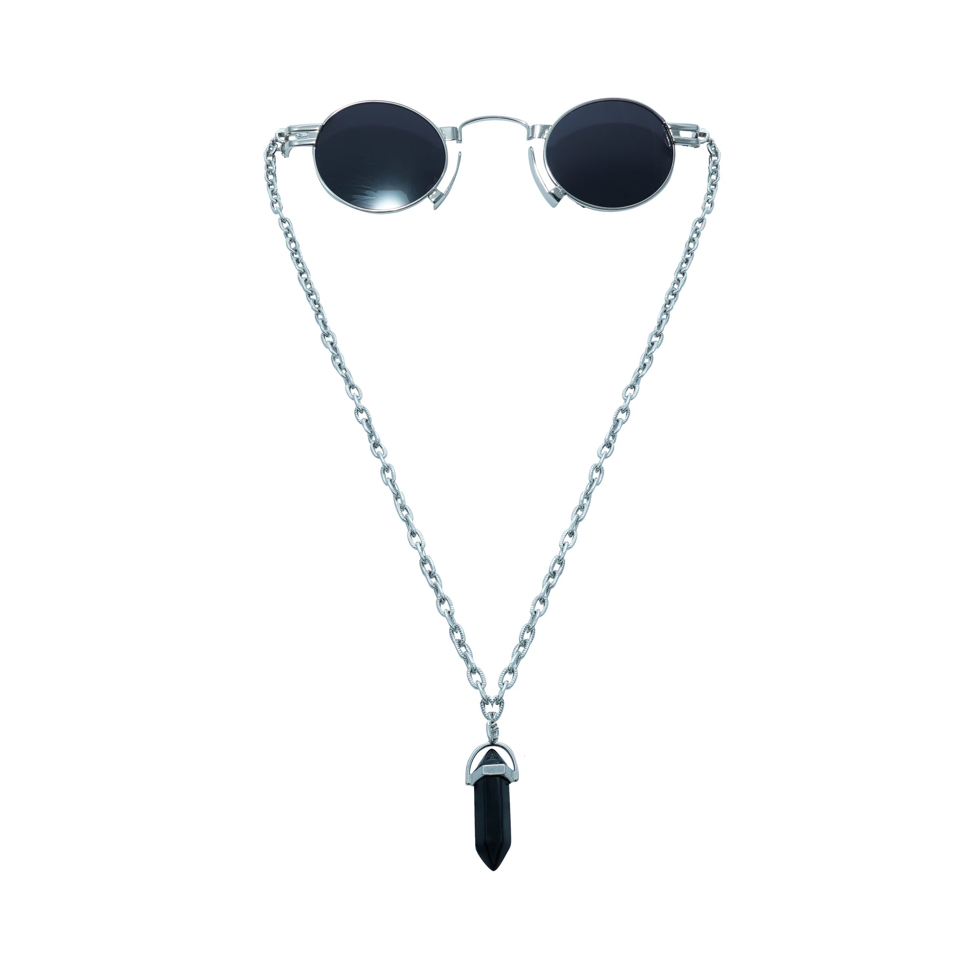 Round oval shaped sunglasses with a silver metallic frame attached to black chain, which holds a pendant shaped black crystal-front view
