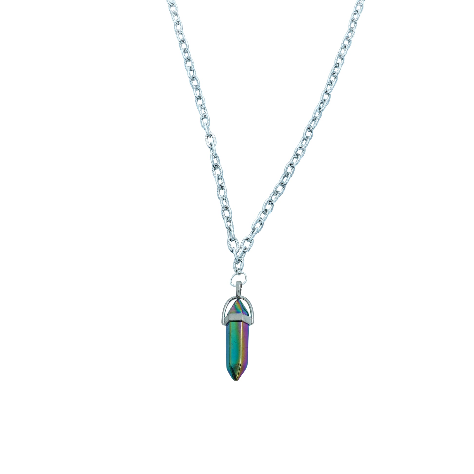 A pair of round, dark-lensed sunglasses with a silver frame is connected to a silver chain, which holds a pendant shaped holographic vibrant rainbow crystal-charm view
