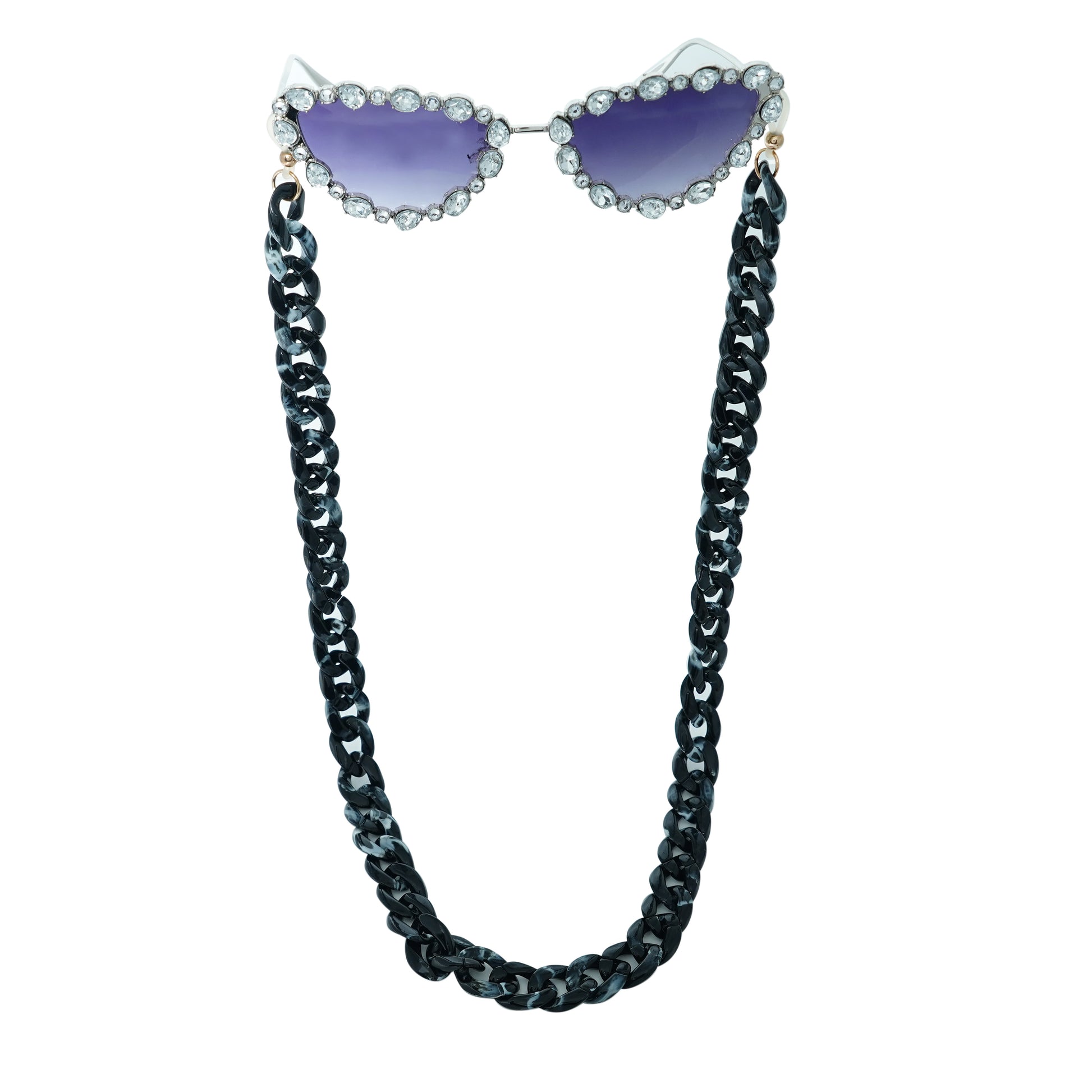 Glimmery oval crystal-studded cat-eye frames with purple gradient lenses attached with a blue-black gradient chain for fashion lovers. 
