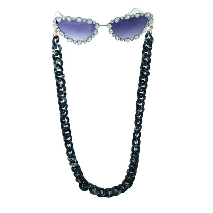 Glimmery oval crystal-studded cat-eye frames with purple gradient lenses attached with a blue-black gradient chain for fashion lovers. 
