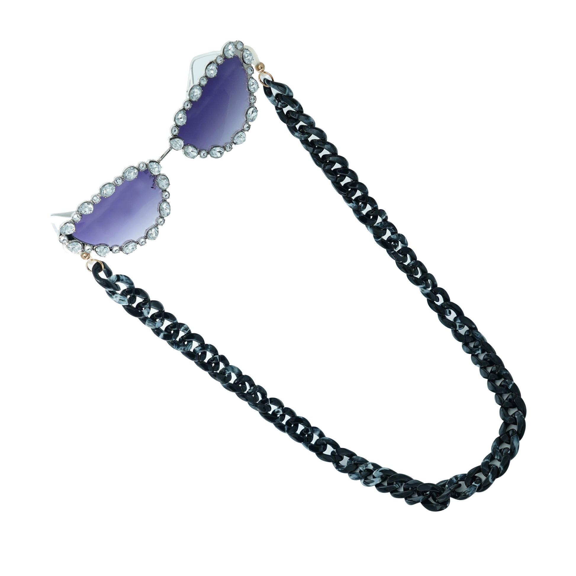 Glimmery oval crystal-studded cat-eye frames with purple gradient lenses attached with a blue-black gradient chain for fashion lovers-tilted pose