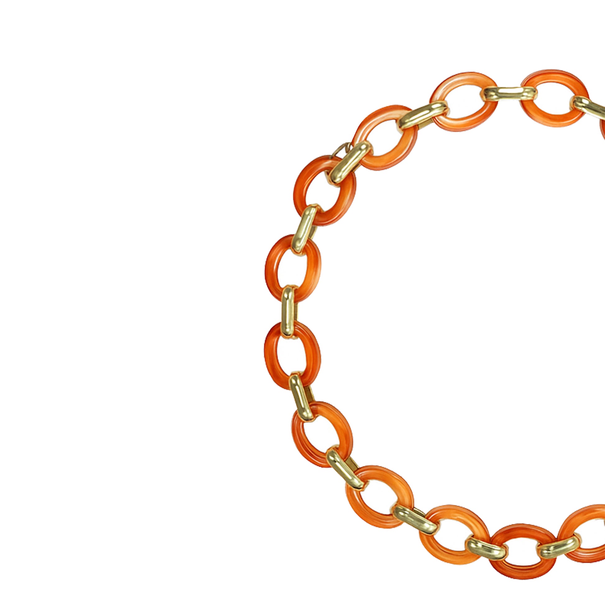 Orange and gold acrylic sunglasses chain with round interlocking links and adjustable end loops-zoomed view