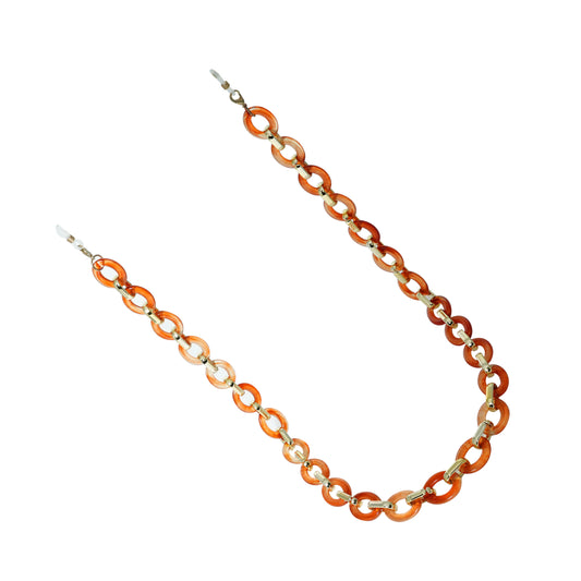 Orange and gold acrylic sunglasses chain with round interlocking links and adjustable end loops.
