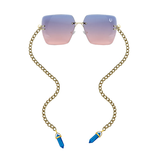 Square gradient sunglasses with gold chain and blue crystal charms-front view