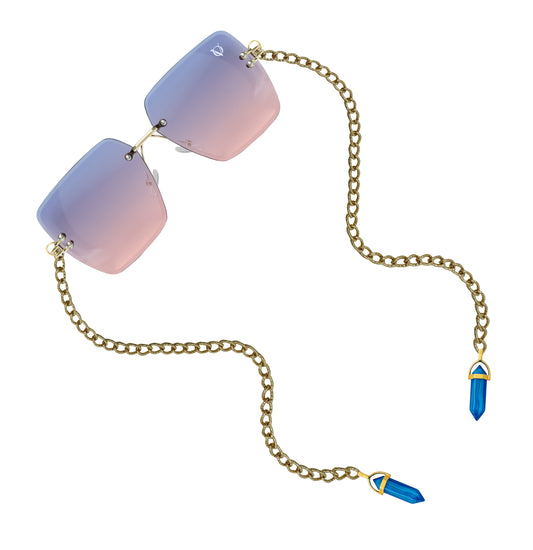 Square gradient sunglasses with gold chain and blue crystal charms-angle view