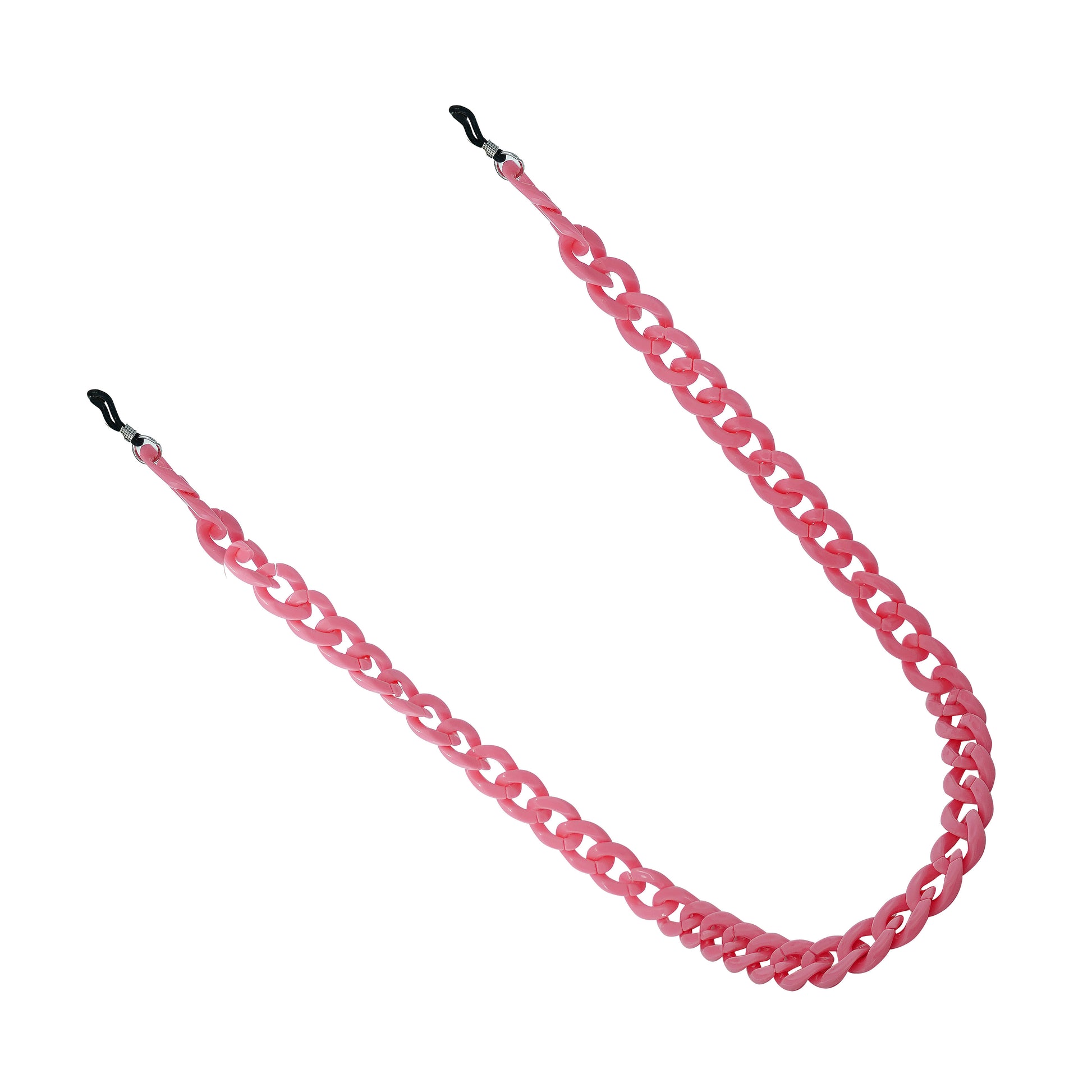 Chunky pink resin sunglasses chain with interlocking links & black rubber loops on each end.