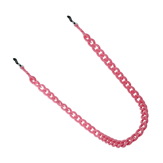 Chunky pink resin sunglasses chain with interlocking links & black rubber loops on each end.