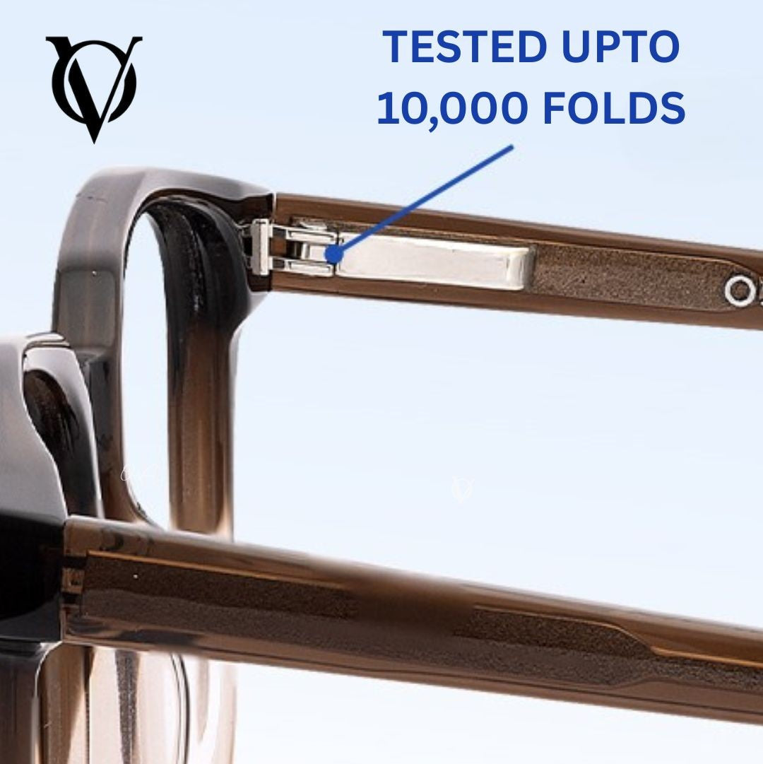 Close-up of a folding sunglasses with a focus on the hinge, against a light blue background.