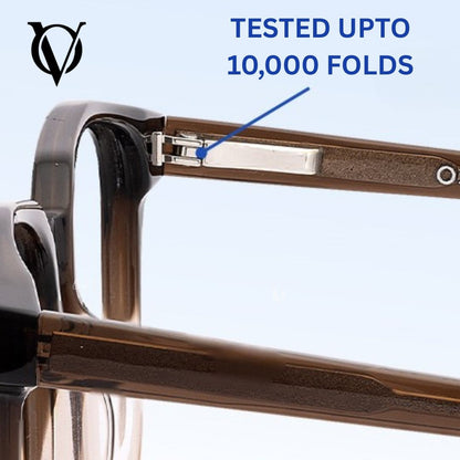 Close-up of a folding sunglasses with a focus on the hinge, against a light blue background.