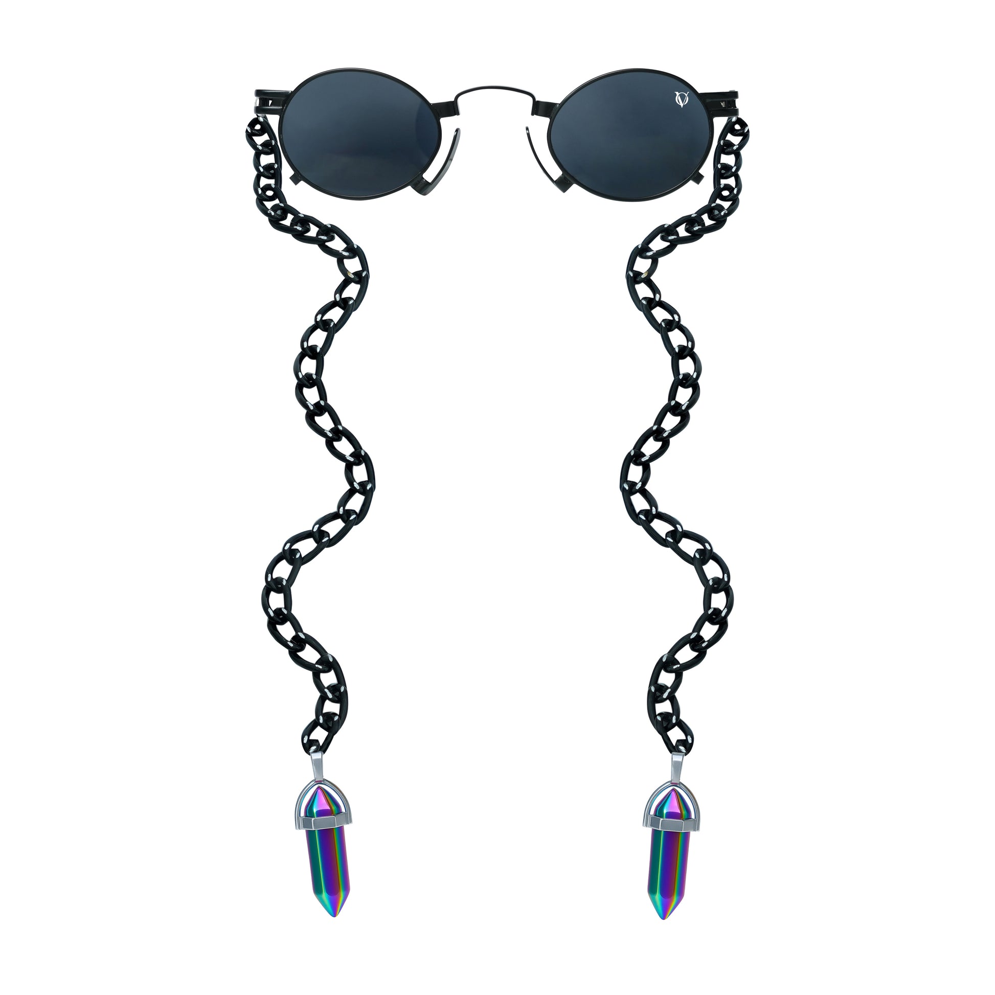 Round black sunglasses with a black metallic chain featuring rainbow-tinted crystal charms-front view
