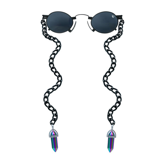 Round black sunglasses with a black metallic chain featuring rainbow-tinted crystal charms-front view