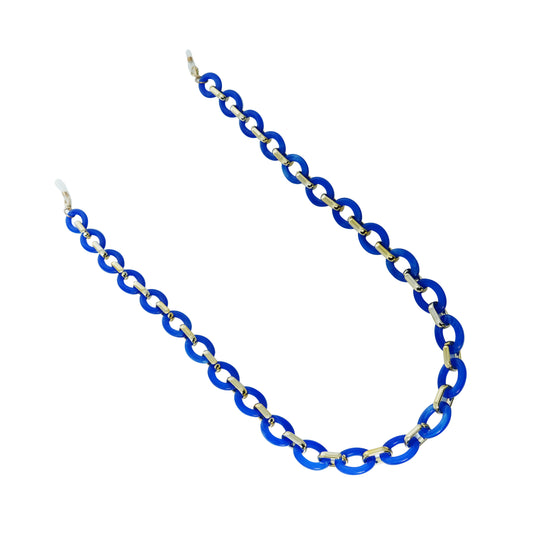 Chunky blue tone resin sunglasses chain with interlocking links & white rubber loops on each end.