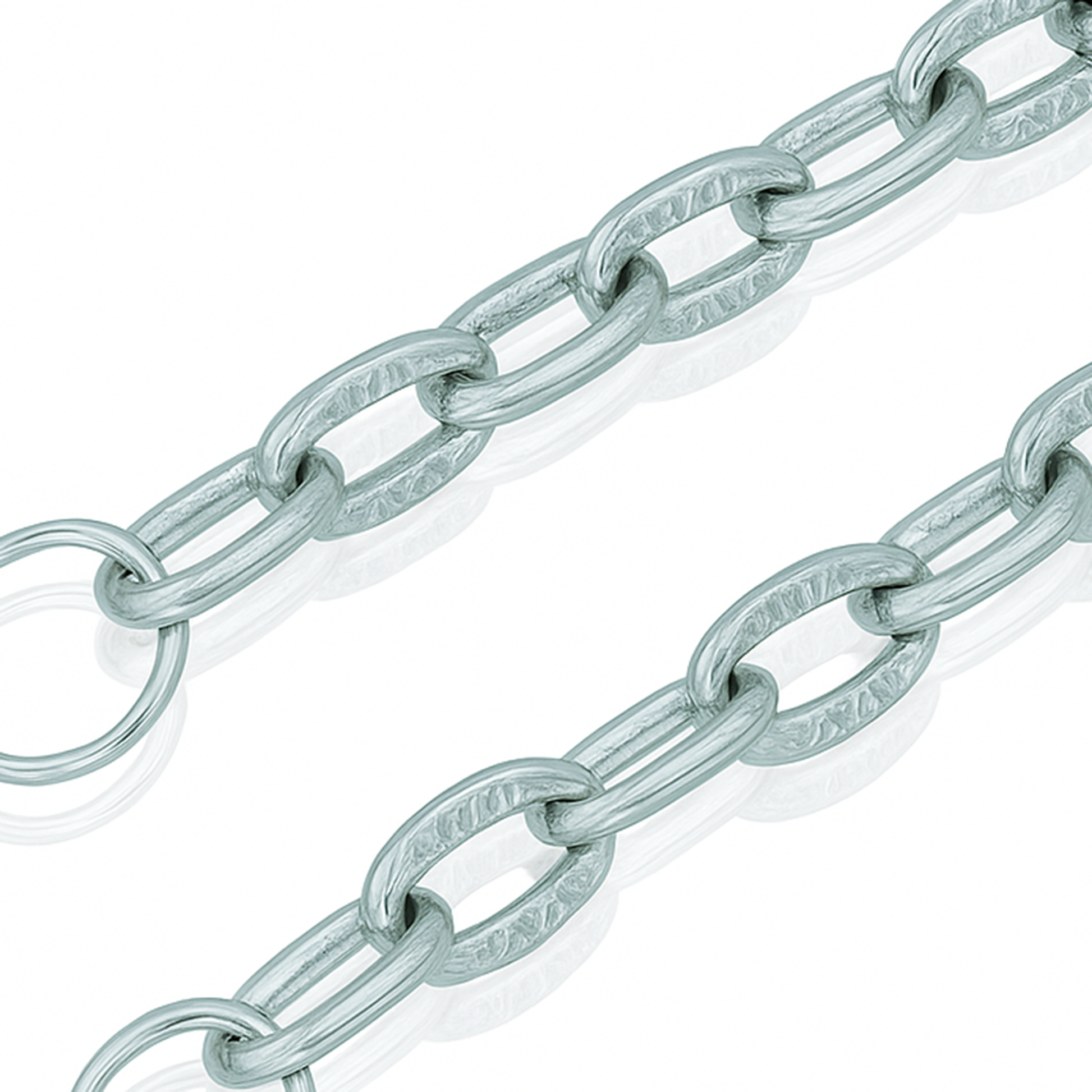 Silver metal oval rings linked to each other to form a silver chain-zoomed view