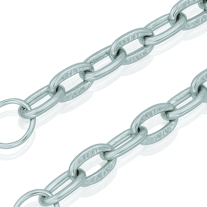 Silver metal oval rings linked to each other to form a silver chain-zoomed view