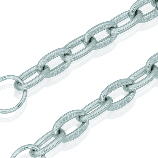 Silver metal oval rings linked to each other to form a silver chain-zoomed view