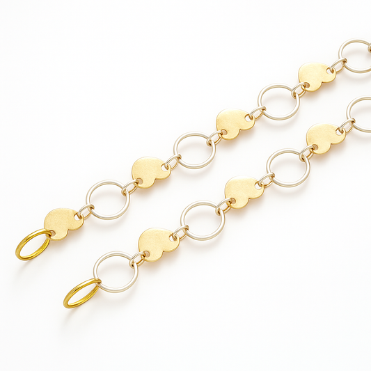 Gold dual linker chain with leaf shape disc linked to oval rings