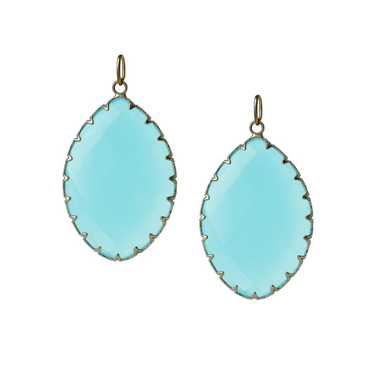 Teardrop-shaped aqua blue gemstone pendants with a gold prong setting-front view